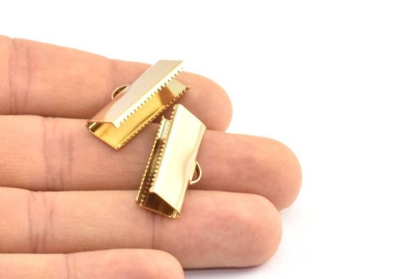 Choker Crimp Ends, 4 Gold Plated Brass Large Ribbon Crimp Ends With Loop, Findings (25x10mm) A0041 Q0420 Online now - Image 4