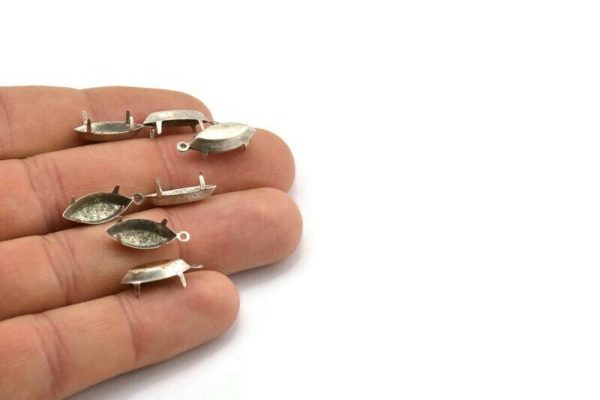 Marquise Prong Setting, 25 Antique Silver Plated Brass Marquise 1 Loop, 4 Prong Settings (7x15mm) S398 H0633 Supply - Image 3