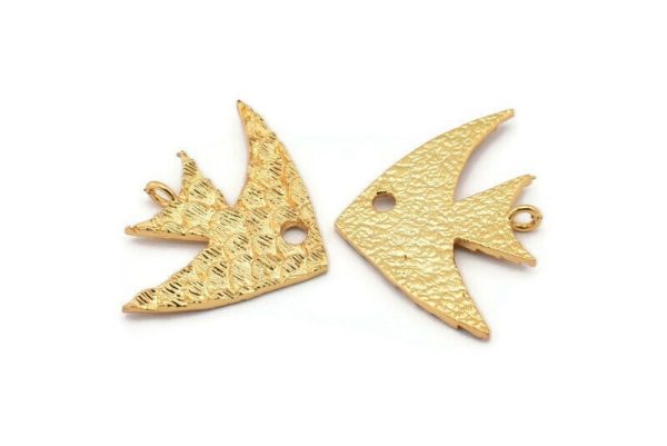 Gold Plate Fish Charm, 1 Gold Plated Brass Fish Scale Textured Pendants, With 1 Loop, 1 Hole, Earrings, Findings (25x35mm) E397 Online - Image 2