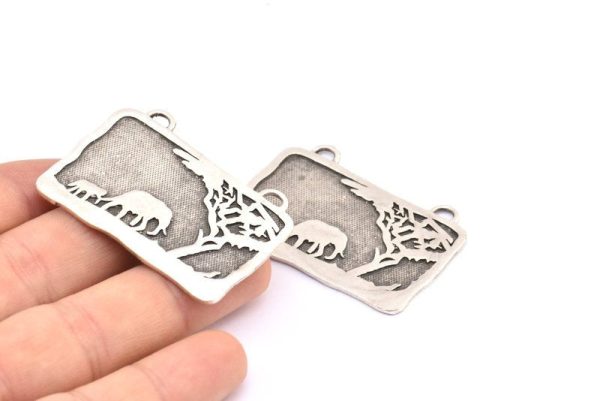 Brass Elephant Charm, 1 Antique Silver Plated Brass Elephant Textured Rectangle Charm With 2 Loops, Blanks (43.5x27.5x1.3mm) E233 Fashion - Image 3