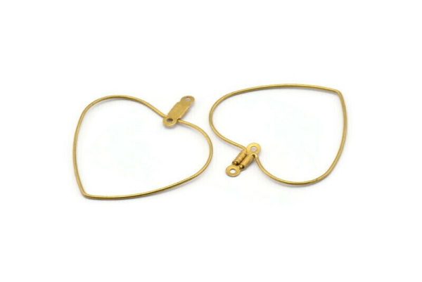 Brass Heart Earring, 24 Raw Brass Wire Heart Earring Charms With 2 Loops, Pendants, Findings (35x30x0.7mm) E564 For Sale - Image 2