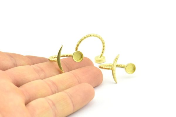 Brass Ring Settings, 6 Raw Brass Moon And Planet Ring With 1 Stone Setting - Pad Size 6mm V136 Online Sale - Image 4