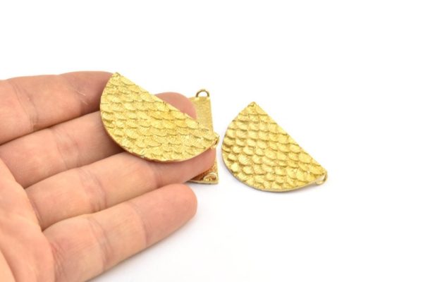 Brass Half Moon, 2 Raw Brass Fish Scale Textured Semi Circle Pendants With 2 Loops (39x22mm) E404 Fashion - Image 4