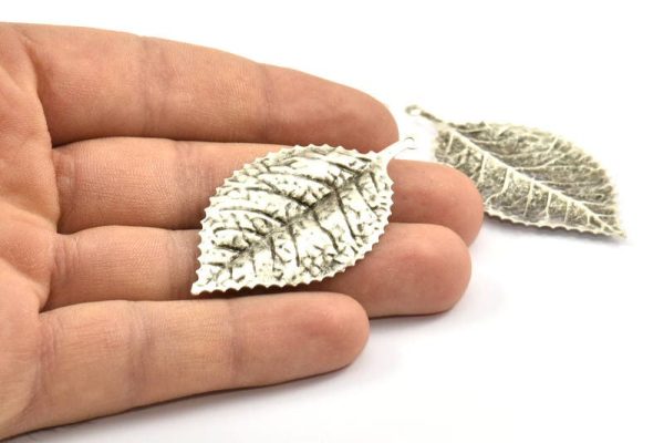 Antique Silver Leaf Charm, 4 Antique Silver Plated Leaf Pendants With 1 Loop, Charms ,Findings (60x30mm) A0496 H0249 For Discount - Image 4