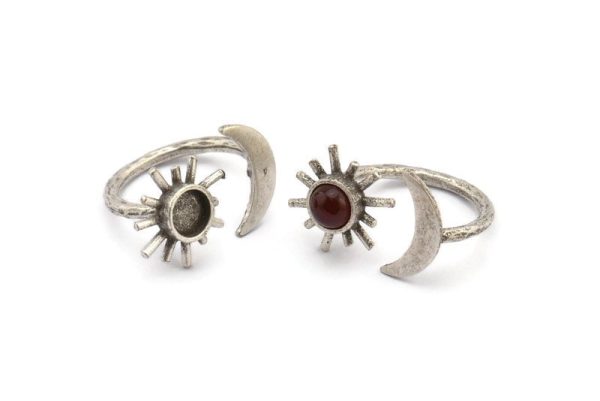 Silver Ring Settings, 2 Antique Silver Plated Brass Moon And Sun Ring With 1 Stone Setting - Pad Size 6mm R052 H0086 Online